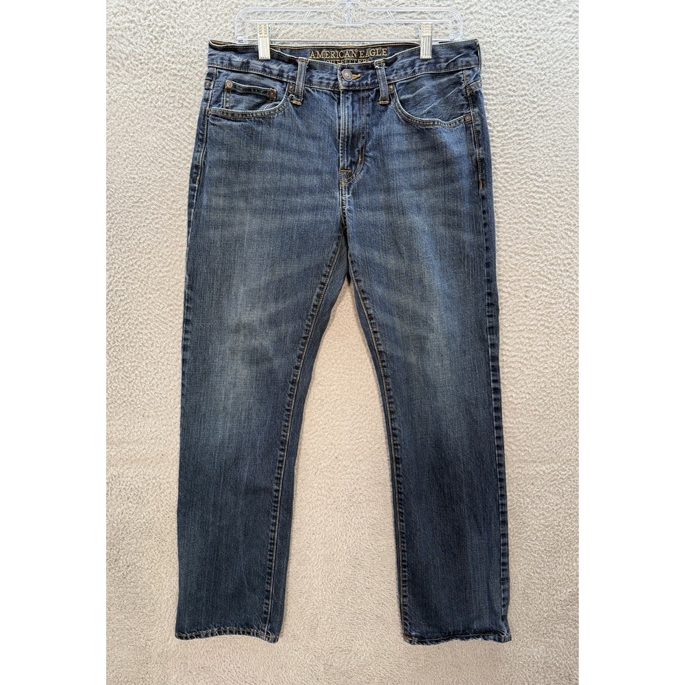 American Eagle Jeans Mens 32x34 Blue Original Straight Distressed Denim Preppy *